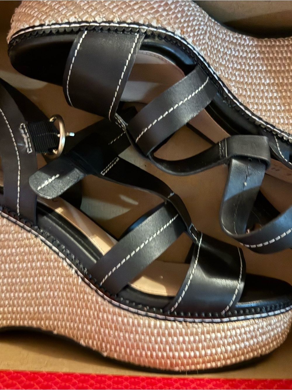 Cole Haan Black Strappy Wedge Sandals with Woven Platform